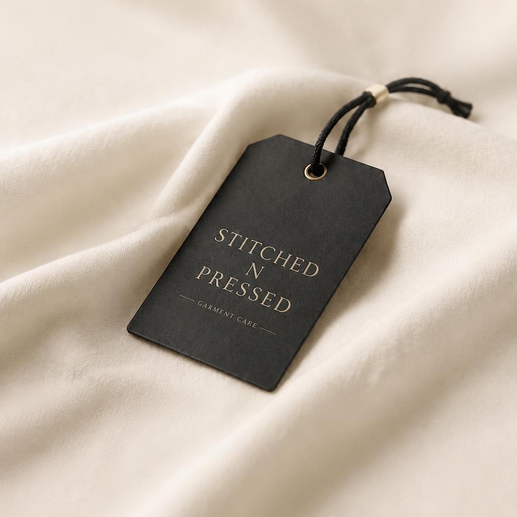 The Stitched N Pressed fabric tag
